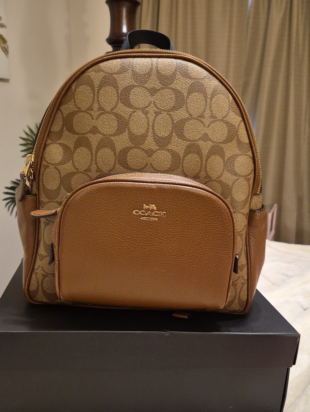 Coach Brown Signature Canvas Mini Backpack with Leather Trim